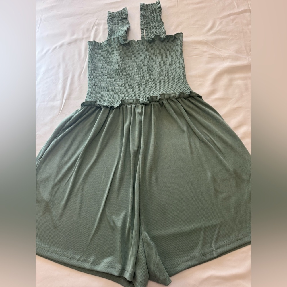 Smocked Strap Green Jumpsuit Romper